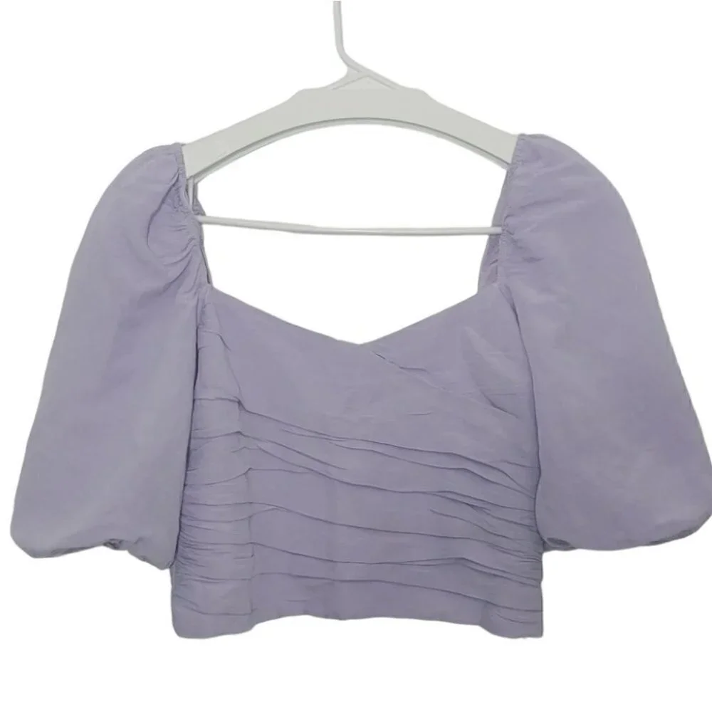 NWT ZARA linen blend lilac draped puff sleeves crop top - Picture 3 of 14